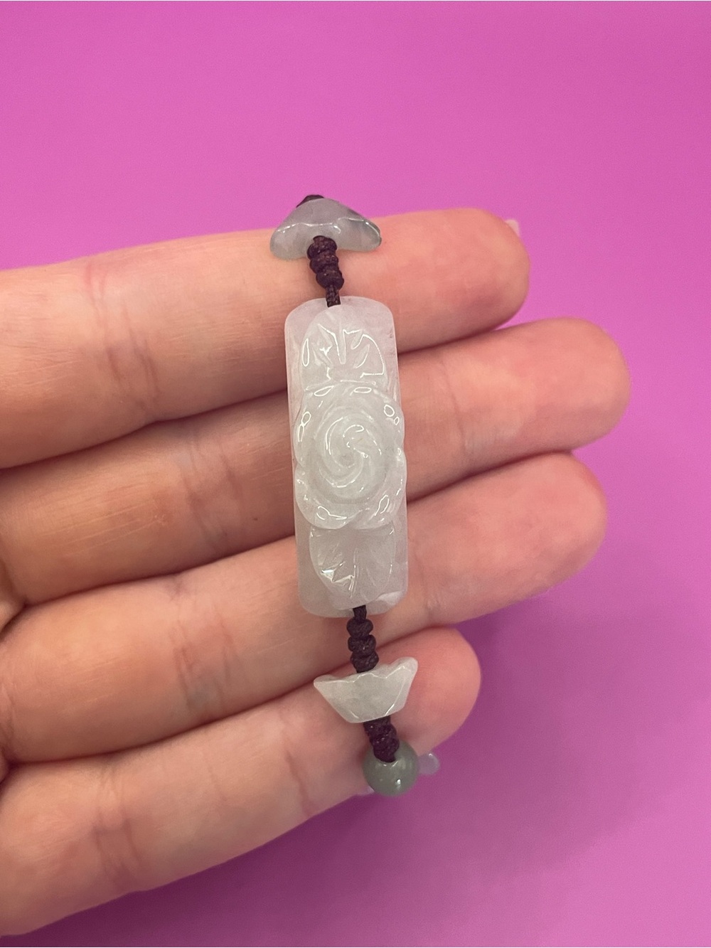 Hand-Carved Light Green Jade Rose Pendant Bracelet